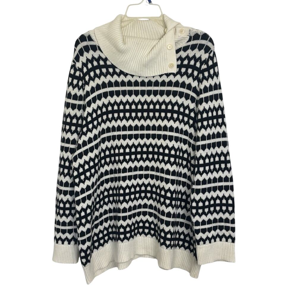 Talbots Geometric Print Pullover Sweater Size 2X Comfy Casual Cozy Cream Black